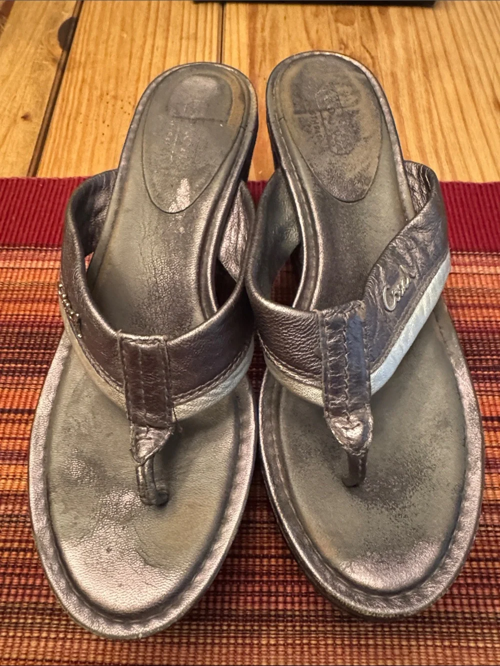 Coach Black and Silver Wedge Flip Sandals